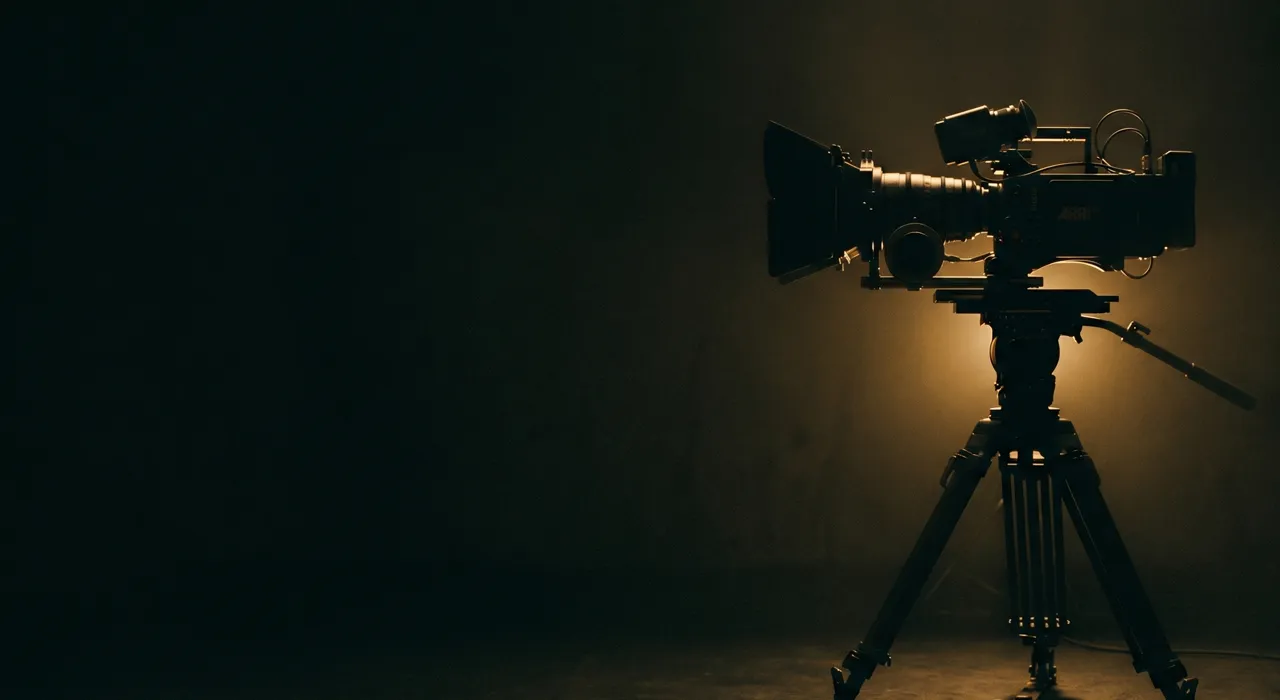 Cinema camera on a tripod, rim-lit in warm gold against darkness