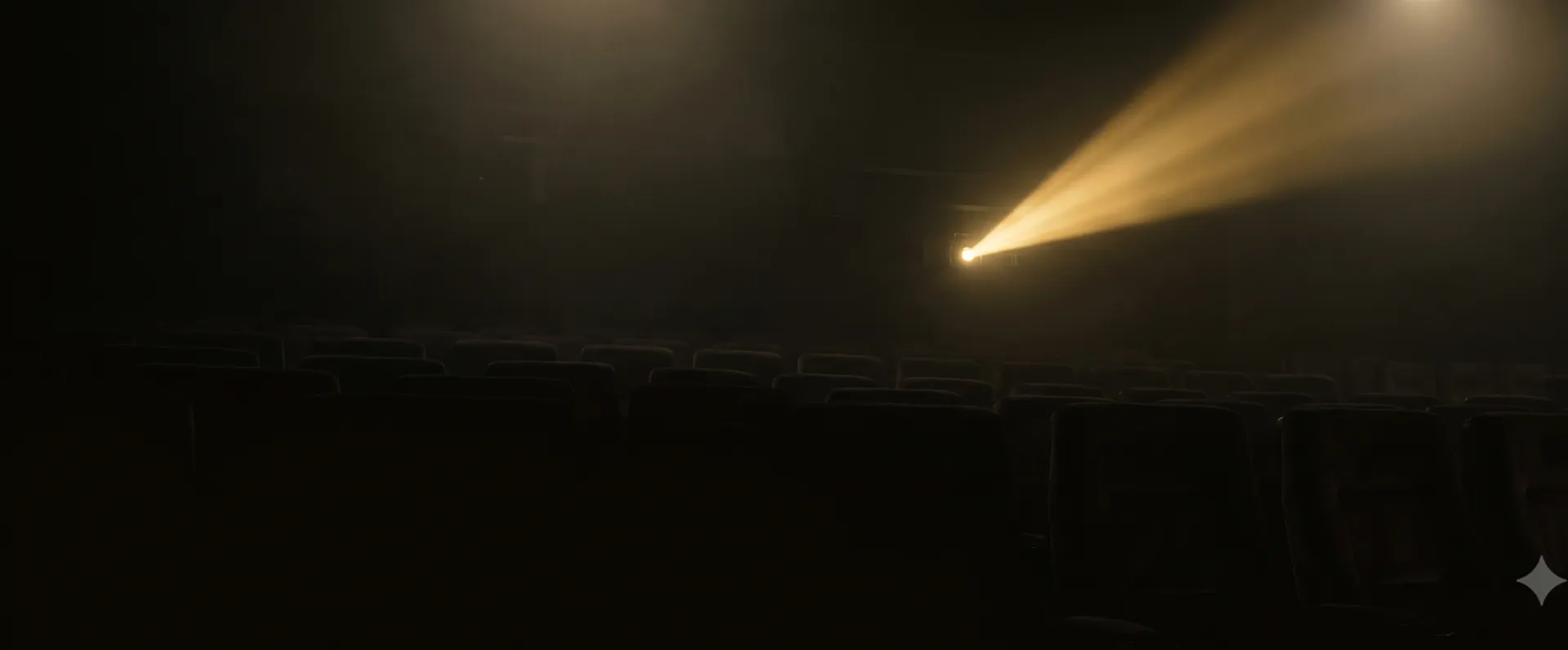 Empty premiere theater, rows of dark seats under a single golden projector beam